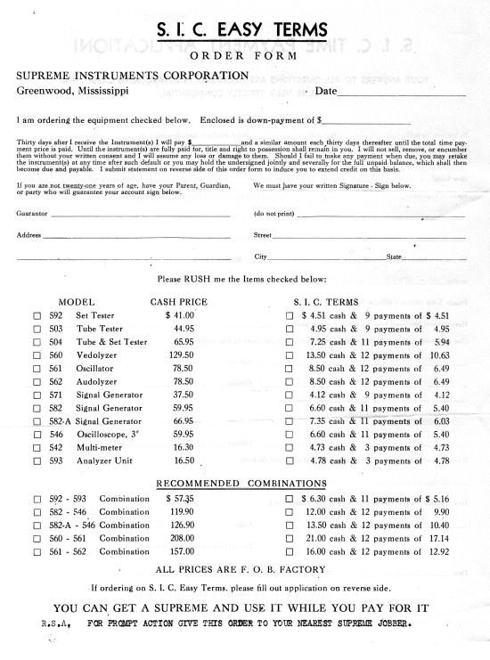S.I.C. Easy Terms 1940s Price Sheet and Order Form